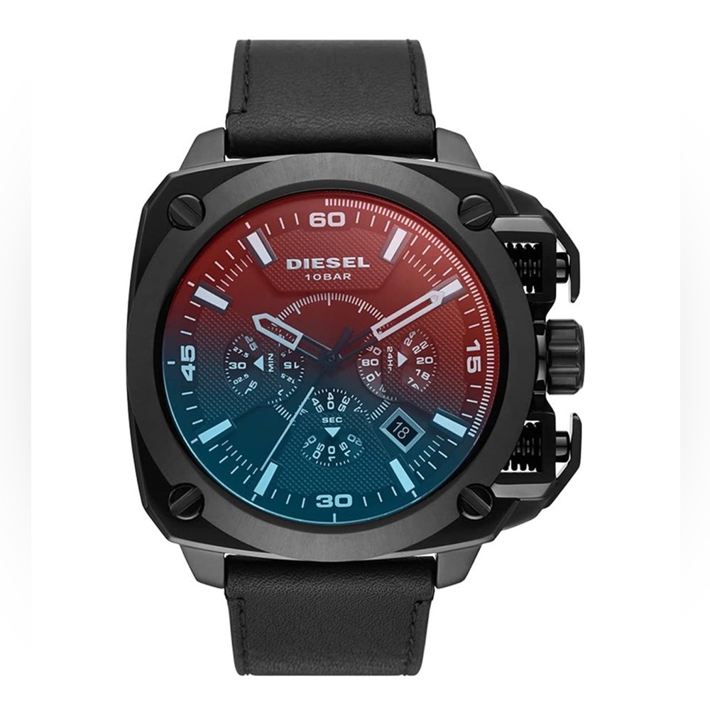 DIESEL BAMF DZ7448 BLACK LEATHER STRAP IRIDESCENT CHRONOGRAPH MEN'S WATCH